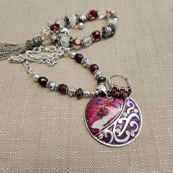 SET! Garnet 925 Ring with Stretchy Glass Bead Bracelet and Beaded Necklace - Picture 3 of 14